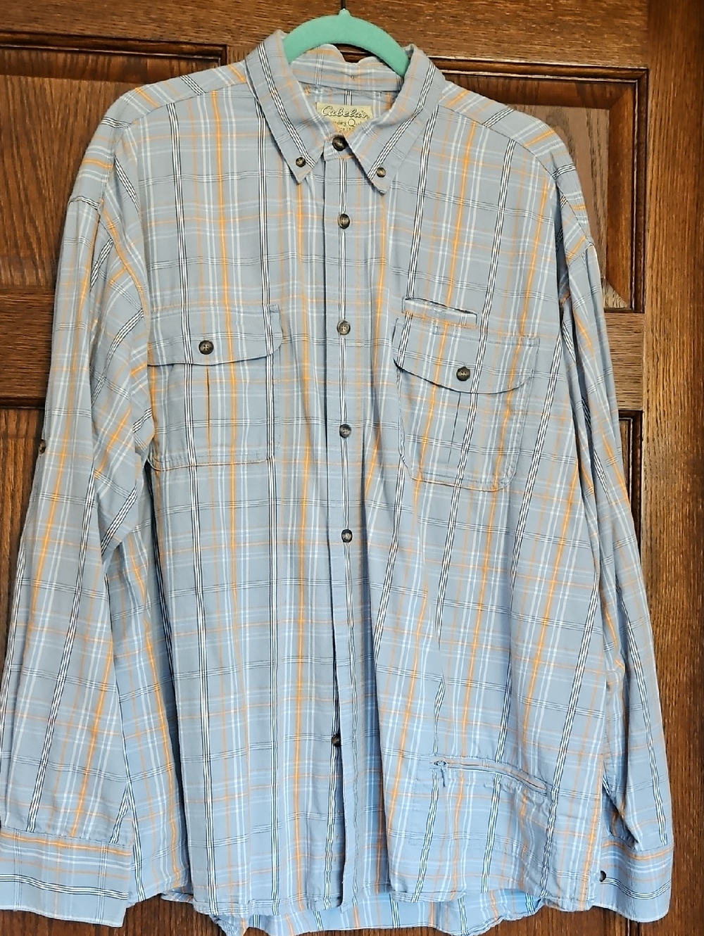 Cabela's Light Blue and Orange Plaid Button-Down Shirt XXL